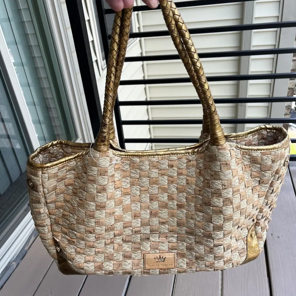 ELAINE TURNER Woven Cork Rope Tote Shoulder Bag Gold Leather Handles Boho